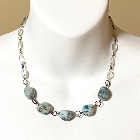 Rustic Agate & Fluorite Copper Necklace, Genuine Green Tumbled Gemstone - Picture 2 of 12